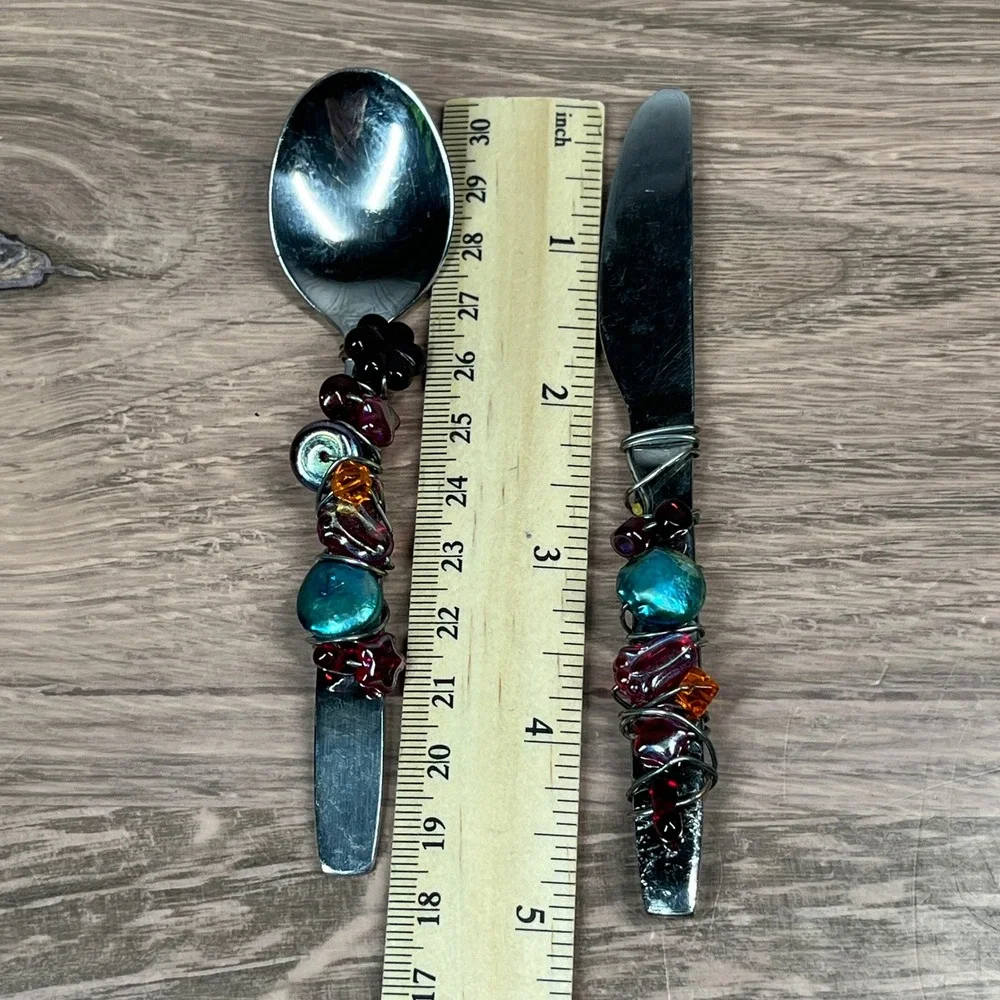Appetizer Spoon and Spreader Beaded Flatware Set Multicolor Wire Wrapped